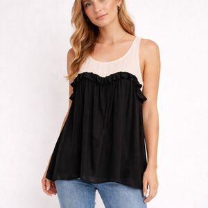 NWT RO+DE Baby Doll Tulle Sleeveless Blouse Ruffled Cream Black, Women XS